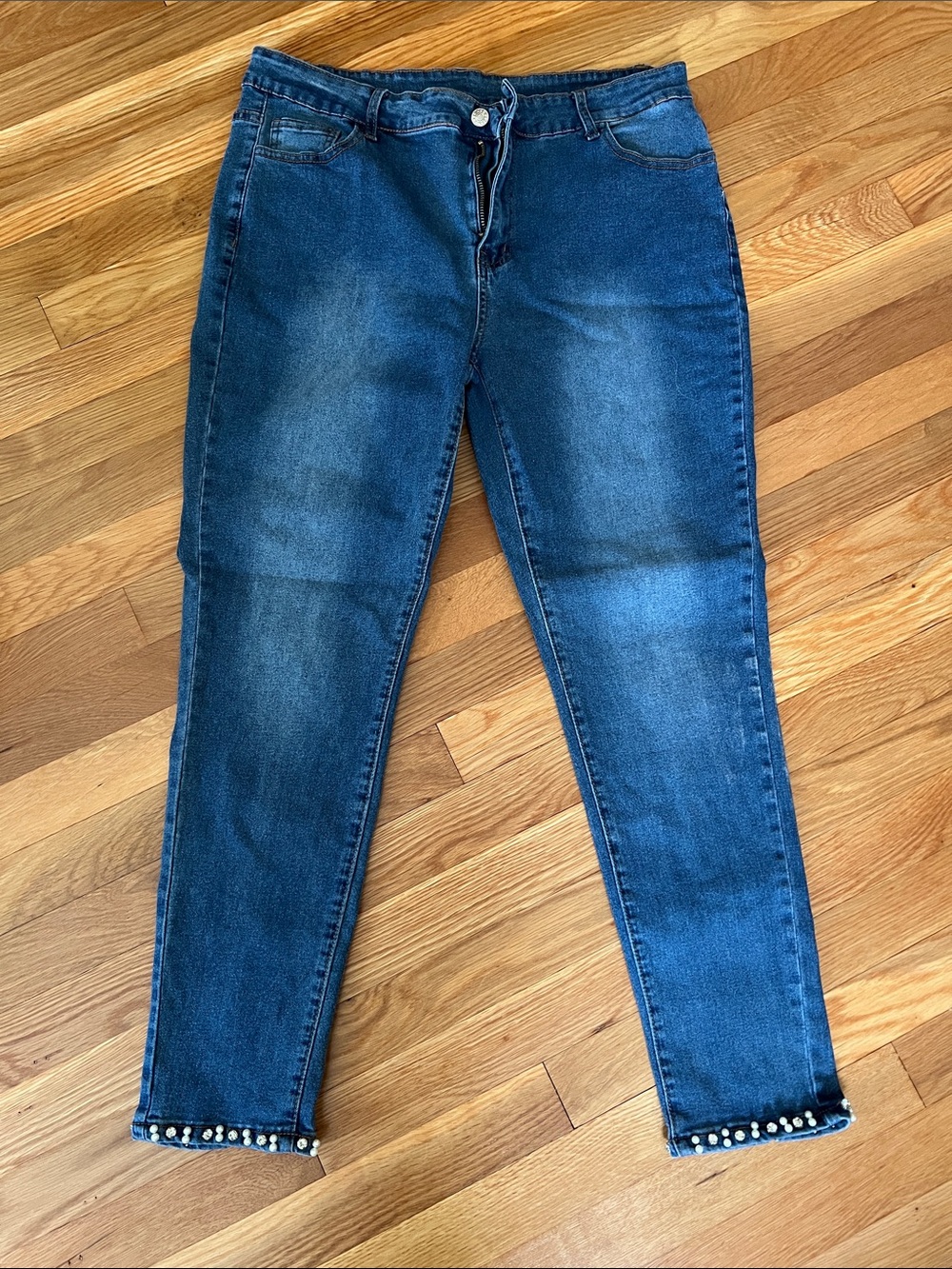 Women's Dark Blue Ankle Jeans with Embellished Hem